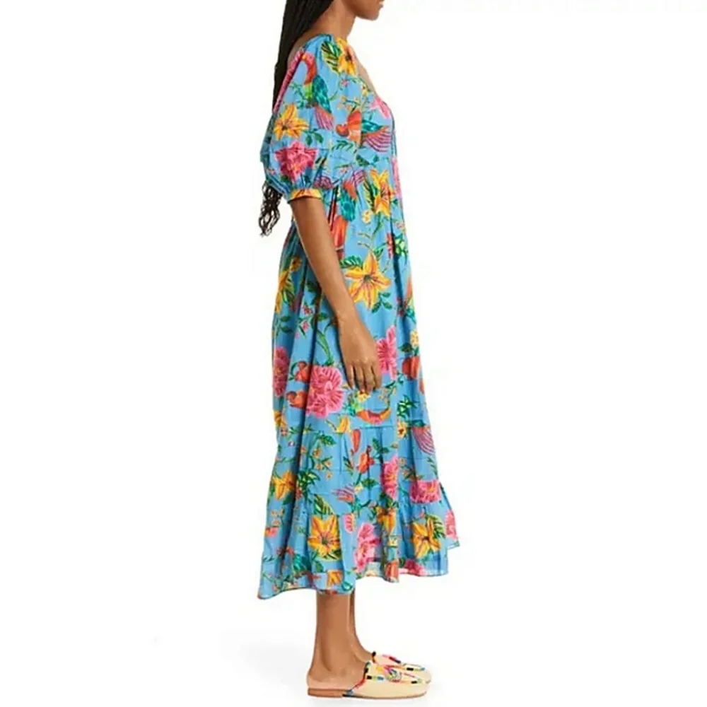 FARM RIO TOUCANS GARDEN MIDI DRESS IN BLUE Womens Small - Picture 6 of 9